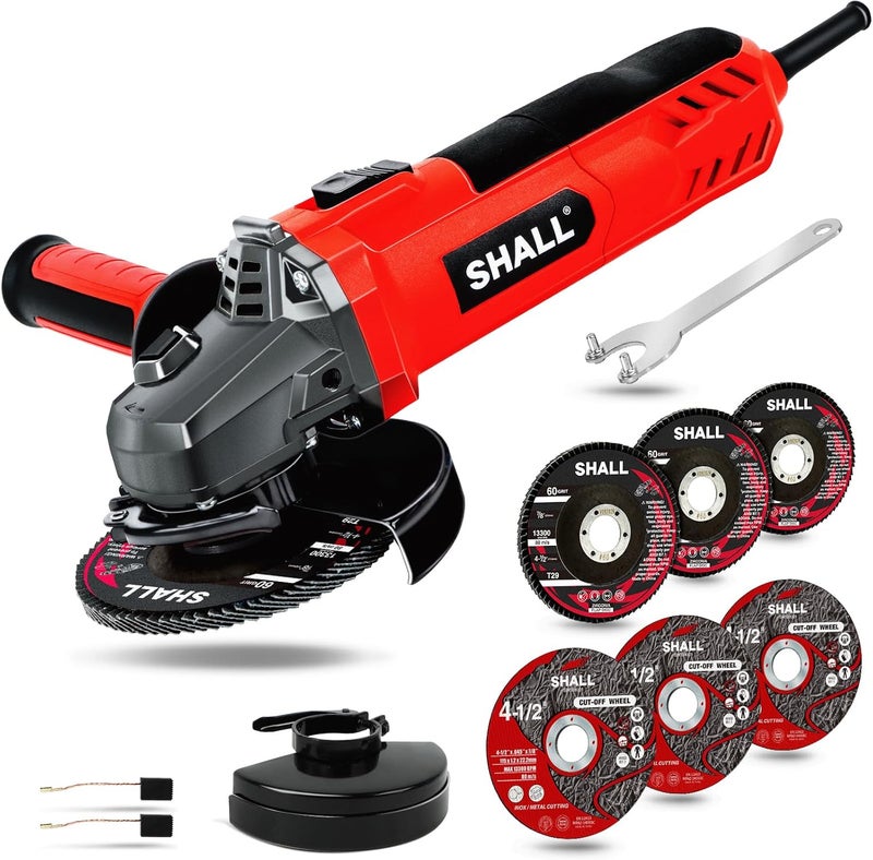 SHALL 7.5Amp 4-1/2 Inch 12000 RPM Angle Grinder with 2 Guards, 3 Cutting Wheels, 3 Discs, Non-Slip Handle and Carbon Brush for Metal and Wood - Image 1